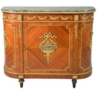 Louis XVI Style Cabinet, having marble top with bronze mounts and single door, height 44 inches, width 53 inches, depth 16 inches.