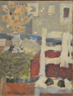 Jacques Bartoli (French, 1920 - 1997), interior scene with flowers, oil on canvas, signed and dated lower rigth 'J. Bartolli, 59', 25 3/4" x 19 3/4".
