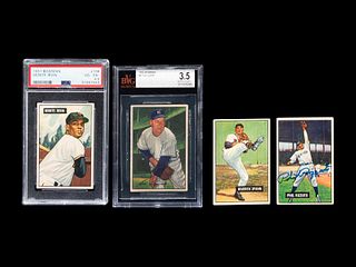 A Group of Four 1950s Bowman Baseball Cards Including a Monte Irvin Rookie Card (PSA 4.5) and Autographed Phil Rizutto,
