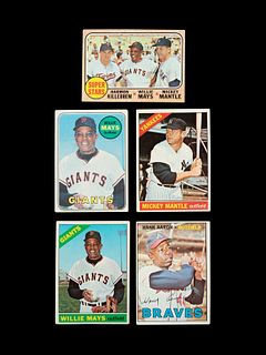 A Group of Five 1960s Mickey Mantle, Willie Mays and Hank Aaron Topps Baseball Cards,