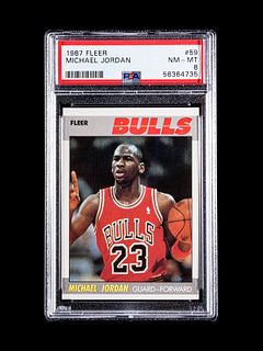 A 1987 Fleer Michael Jordan Basketball Card No. 59, PSA 8 NM-MT
