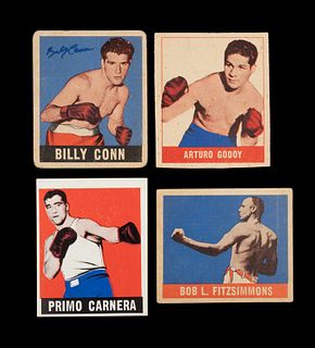 A Group of Four 1948 Leaf Boxing Cards Including a Signed Billy Conn,