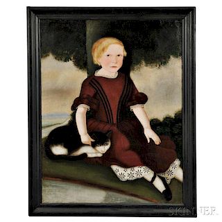 Attributed to Susan Catherine Moore Waters (New York/New Jersey, 1823-1900), Portrait of a Blond Child in a Dark Red Dress with a Cat