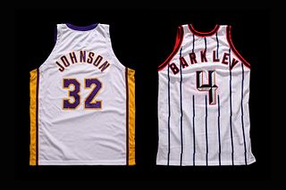 A Group of Magic Johnson and Charles Barkley Signed NBA Hall of Fame Jerseys Basketball Sourced from Michael Jordan's J.U.M.P. Agency,