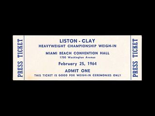 A 1964 Sonny Liston vs. Cassius Clay (Muhammad Ali) Heavyweight Boxing Championship Weigh In Press Ticket,