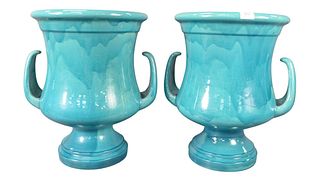 Clement Massier French Turquoise Glazed Garden Urns each having two open loop handles, height 20 inches, diameter 15 inches.