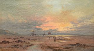 Johannes Mignot (French, 19th century), Sunset Coast of Wimereux, France, oil on canvas, unsigned, 18" x 32". Provenance: Estate of Ann Dre House, Hoh