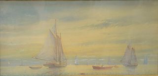Benjamin Champney (American, 1817 - 1907), Boats in a Harbor, watercolor on paper, signed lower right 'Champney', sight size 11" x 23".