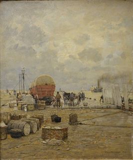 Hans Herrmann (German, 1858 - 1942), Working at the Pier, oil on board, signed and dated lower right 'Hans Herrmann 1917,' 18 1/2" x 15".