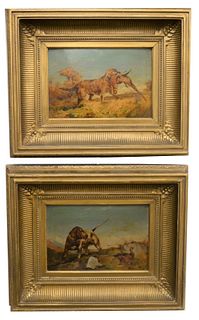 British School (19th century) pair of hunting dog scenes, oils on board, unsigned, 6 1/4" x 9 1/4".