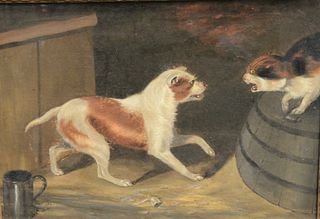 British School (19th century), barn scene with fighting cat and dog, oil on glue lined canvas, unsigned, a note on the stretcher bar attributes this w
