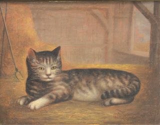 Continental School (19th century), Kitten in a Barn, oil on wax lined canvas, signed indistinctly lower right, 14 1/8" x 18 1/4".