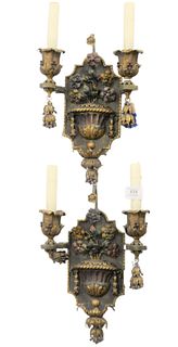 Pair of Iron and Bronze Two Light Wall Sconces, having painted floral and urn form decoration, height 14 1/2 inches, width 9 inches.