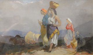 Unknown Artist (20th century), three women carrying goods to their village, oil on masonite, signed indistinctly lower right, 11 1/2" x 19".
