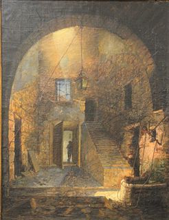 Fredy Hopf (Swiss, 1875 - 1943), Castle Foyer, oil on canvas laid on Masonite, signed lower right: F. Hopf; 18 1/2" x 14 1/2".