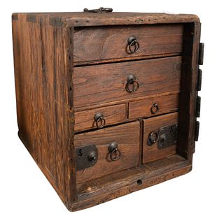 Asian Tansu Box Wood Safe Box, having drawered interior on iron base, height 16 inches, width 13 inches, depth 17 1/2 inches, (no keys).