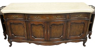 Contemporary Server, having etched, carved marble top over three drawers and four doors, flanked by shelves on each side, height 34 1/2 inches, width 