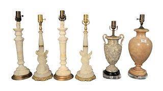 Group of Six Carved Alabaster Table Lamps, to include one pair having koi fish forms around the base; one pair of candlestick forms; along with two va