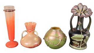 Four Art Glass Vases, to include green Favrile glass vase, unmarked; a Schneider red glass vase; along with two Austrian vases, tallest 8 1/4 inches.