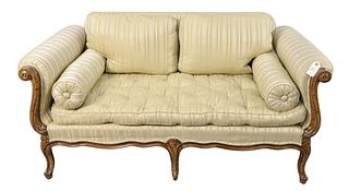 Cocheo Brothers Custom Upholstered Loveseat, on cabriole legs, height 28 inches, length 59 inches.