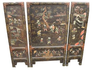 Three Panel Screen, each panel with hardstone figures and trees, height 34 1/2 inches, length 37 1/2 inches.