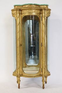 Antique Serpentine Front & Curved Glass Giltwood