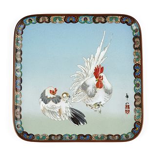 Japanese Meiji Chicken Cloisonne Enamel Tray