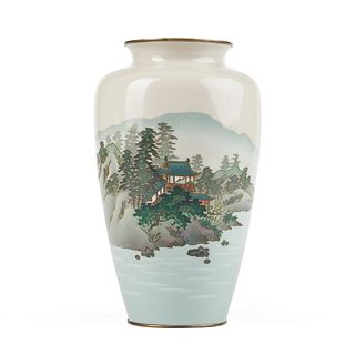 Japanese Meiji Cloisonne Landscape Vase - 10" Tall