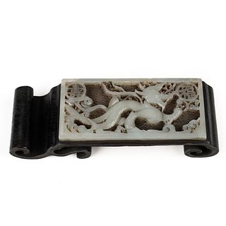 20th c. Carved Jade Plaque on Wooden Stand