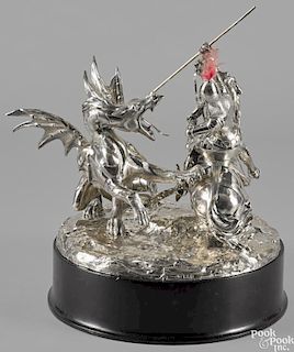 English silver sculpture of Saint George slaying the dragon, 1907