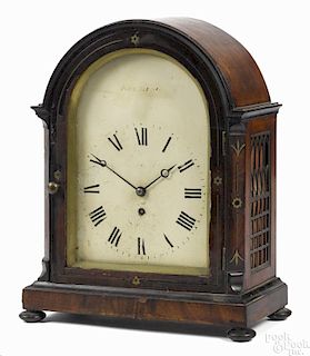 George III mahogany bracket clock, late 18th c., with a brass inlaid case, 17'' h.