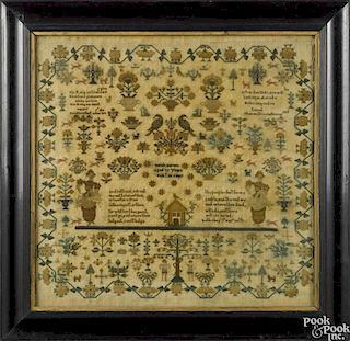English silk on linen sampler, dated 1847, wrought by Sarah Barnes, 15 1/2'' x 15 3/4''.
