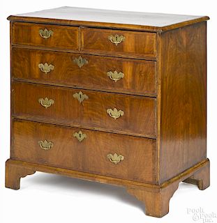 George II burl veneer chest of drawers, mid 18th c., 35'' h., 33 3/4'' w.