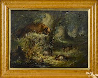 George Armfield (English 1808-1893), oil on canvas landscape with a fox peering over a rock