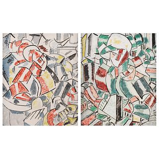 Pair of Leger Style Cubist Paintings on Board