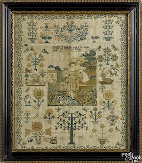 English silk on linen sampler, early 19th c., with a central landscape with children