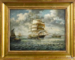 Continental oil on board ship portrait, 19th c., with various ships in a harbor, signed
