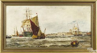 Pair of Continental oil on canvas maritime scenes, late 19th c., signed E. Chambers, 12'' x 24''.