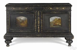 English painted pine server, dated 1869, with allover gilt neoclassical motifs