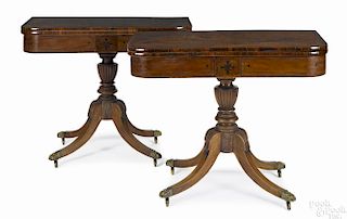 Pair of Regency mahogany card tables, ca. 1810, with burl veneer banded edges and ebony line inlay