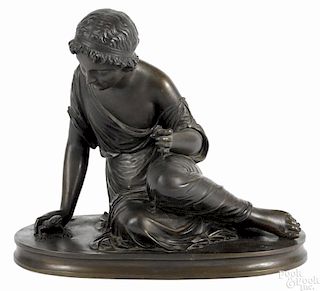 Patinated bronze of a classical woman feeding a lizard, late 19th c., 10 1/2'' h., 13'' w.