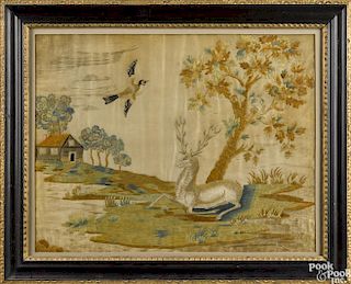 English silkwork landscape, early 19th c., depicting a stag in a pastoral setting