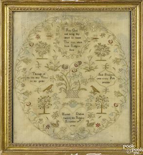 English silk on gauze sampler, dated 1796, wrought by Harriet Dutton, 14 1/2'' x 12 3/4''.