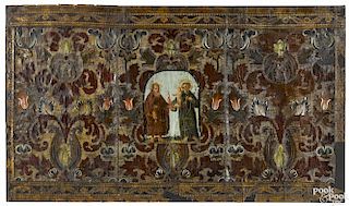 French painted and tooled leather panel, 17th/18th c., 32'' x 56''.