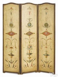 Continental oil on canvas three-part folding screen, late 19th c., with classical motifs
