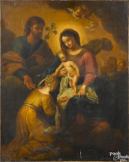 Continental oil on canvas of the Holy Family, 18th c., 31 1/2'' x 24 1/2''.