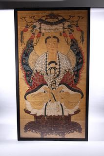 Large Antique Chinese Ink and Color Painting on Paper