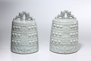 Pair Chinese Crackle Glazed Porcelain Bells