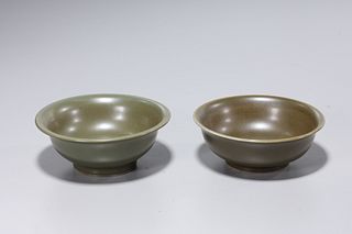 Pair Chinese Tea Dust Glazed Porcelain Bowls