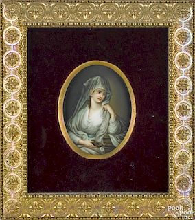 German painted porcelain plaque of a lady as a vestal virgin, late 19th c., 4 5/8'' x 3 5/8''.